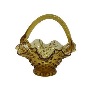 VTG Amber Hobnail Glass Basket 5.75 Ruffled Edge Handle Candy Dish MCM Glassware